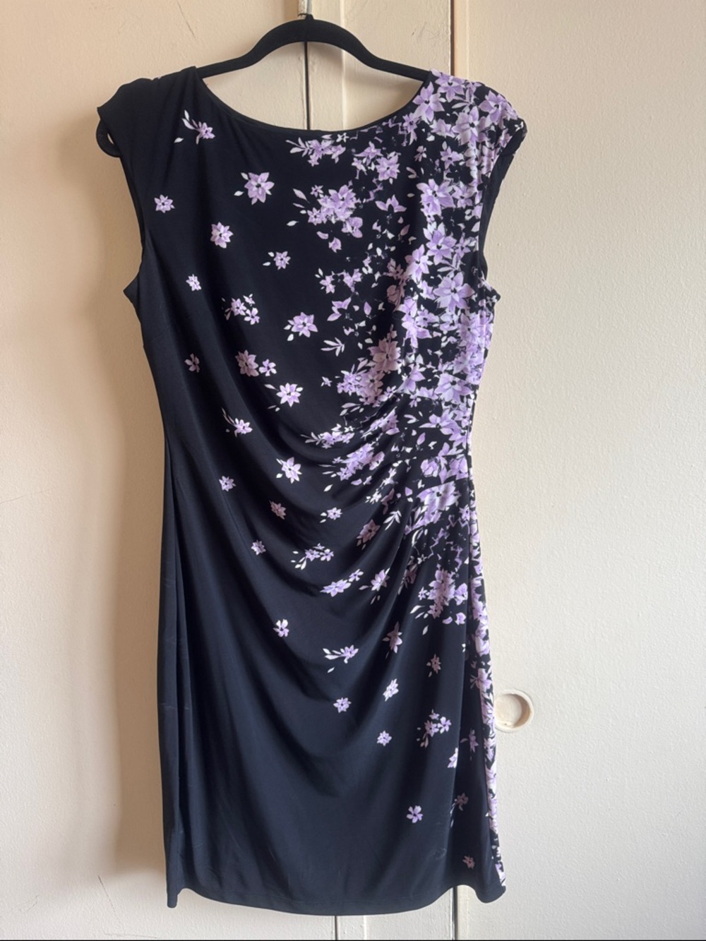 Black Midi Dress with Lavender Floral Print and Side Ruching by